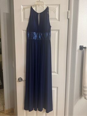 R&M Richards Navy Sequin-Waist Formal Evening Dress
